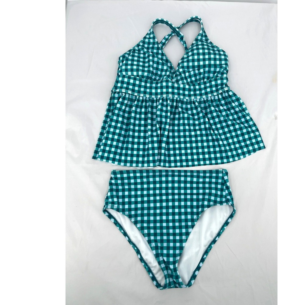 Draper‎ James RSVP Tankini Set L Top, M Bottom Teal Gingham Peplum Swimsuit